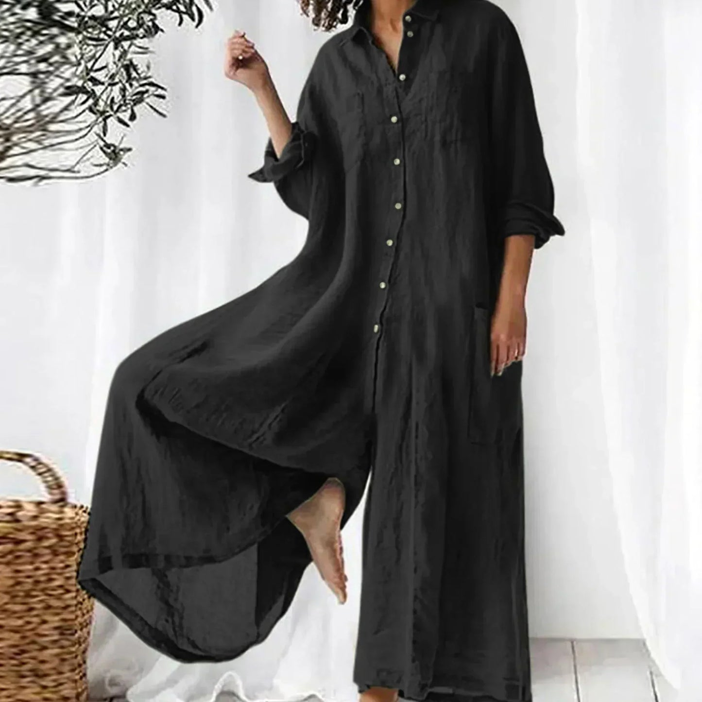 Tuta da donna comoda comoda con gamba larga e bottoni - Vestibilità comoda