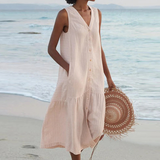 Abito estivo da donna senza maniche – vestito midi con bottoni e tasche