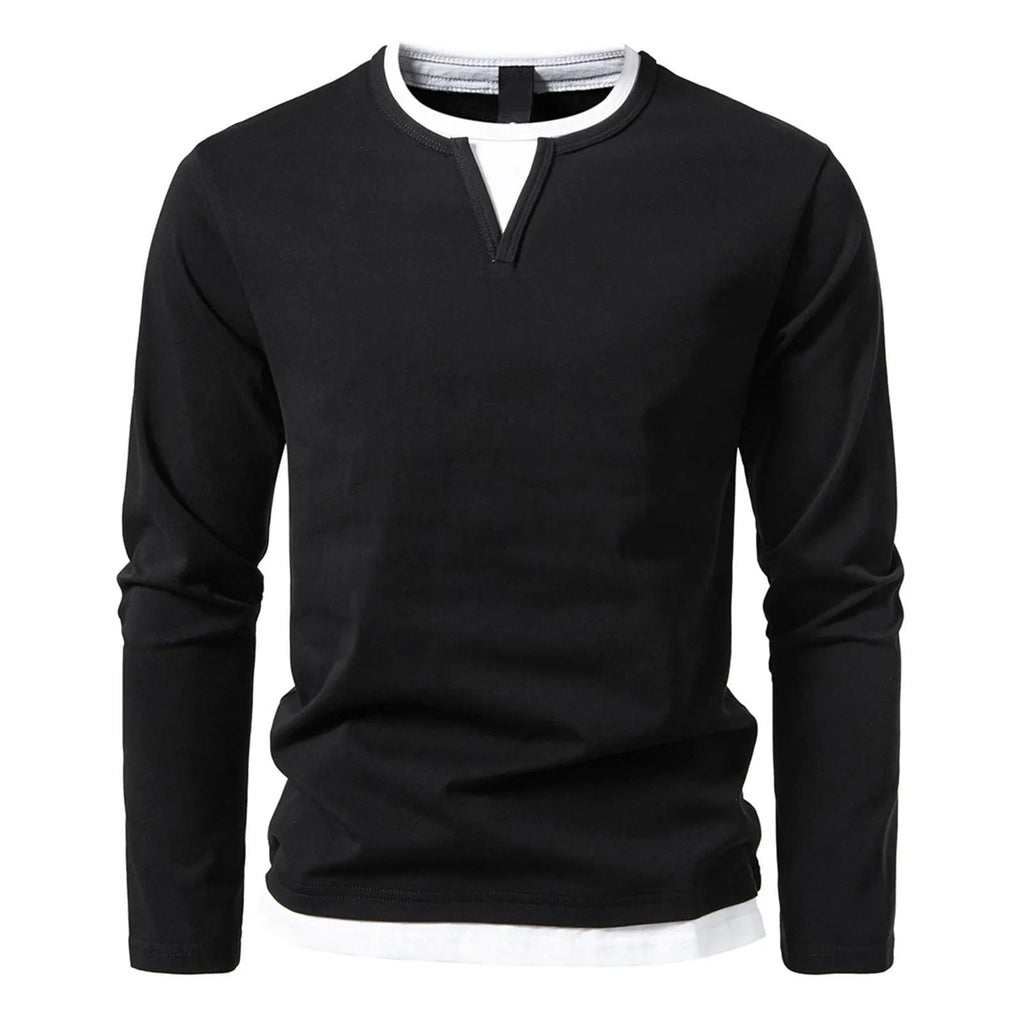 Polo da uomo a maniche lunghe con scollo rotondo ed effetto a strati - Essenziale casual ed elegante