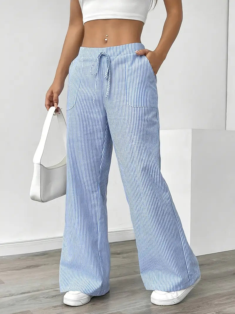 Pantaloni a gamba larga a righe casual da donna, eleganti e larghi - Pantaloni estivi leggeri e traspiranti con tasche