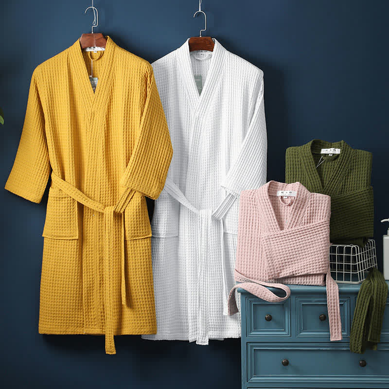 Accappatoio Unisex in Cotone a Coste con Scollo a V – Vestibilità Ampia, Tinta Unita, Assorbente, Traspirante, Confortevole con Cintura, Perfetto per Tutte le Stagioni