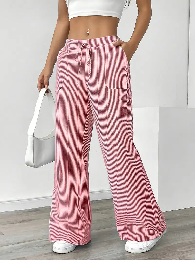 Pantaloni a gamba larga a righe casual da donna, eleganti e larghi - Pantaloni estivi leggeri e traspiranti con tasche