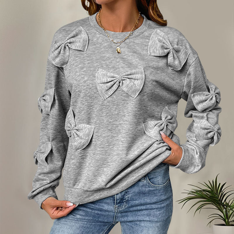 Maglione morbido da donna con nodo cucito – Felpa girocollo casual grigia