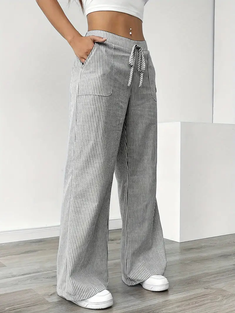 Pantaloni a gamba larga a righe casual da donna, eleganti e larghi - Pantaloni estivi leggeri e traspiranti con tasche
