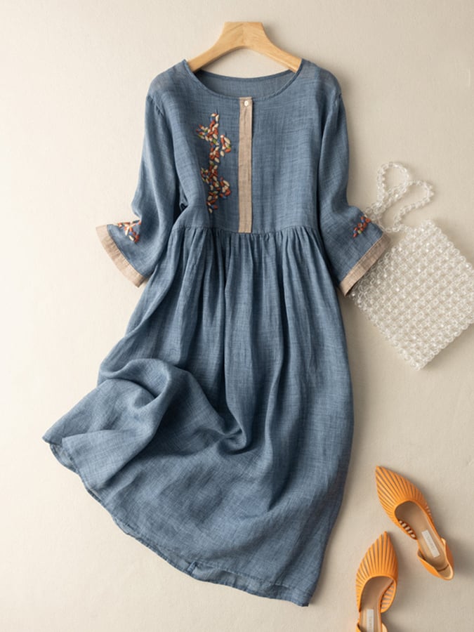 Abito da donna - Abito in cotone e lino ricamato con design etnico e vestibilità comoda