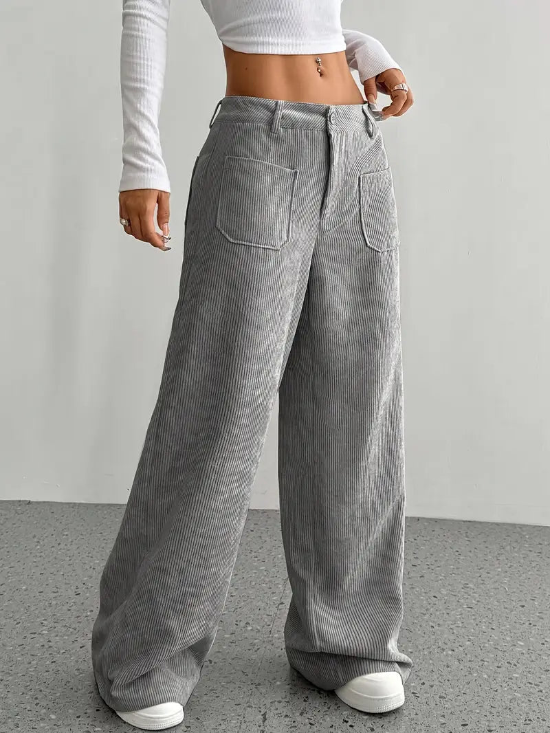Pantaloni casual da donna a coste e vita alta | Gamba larga