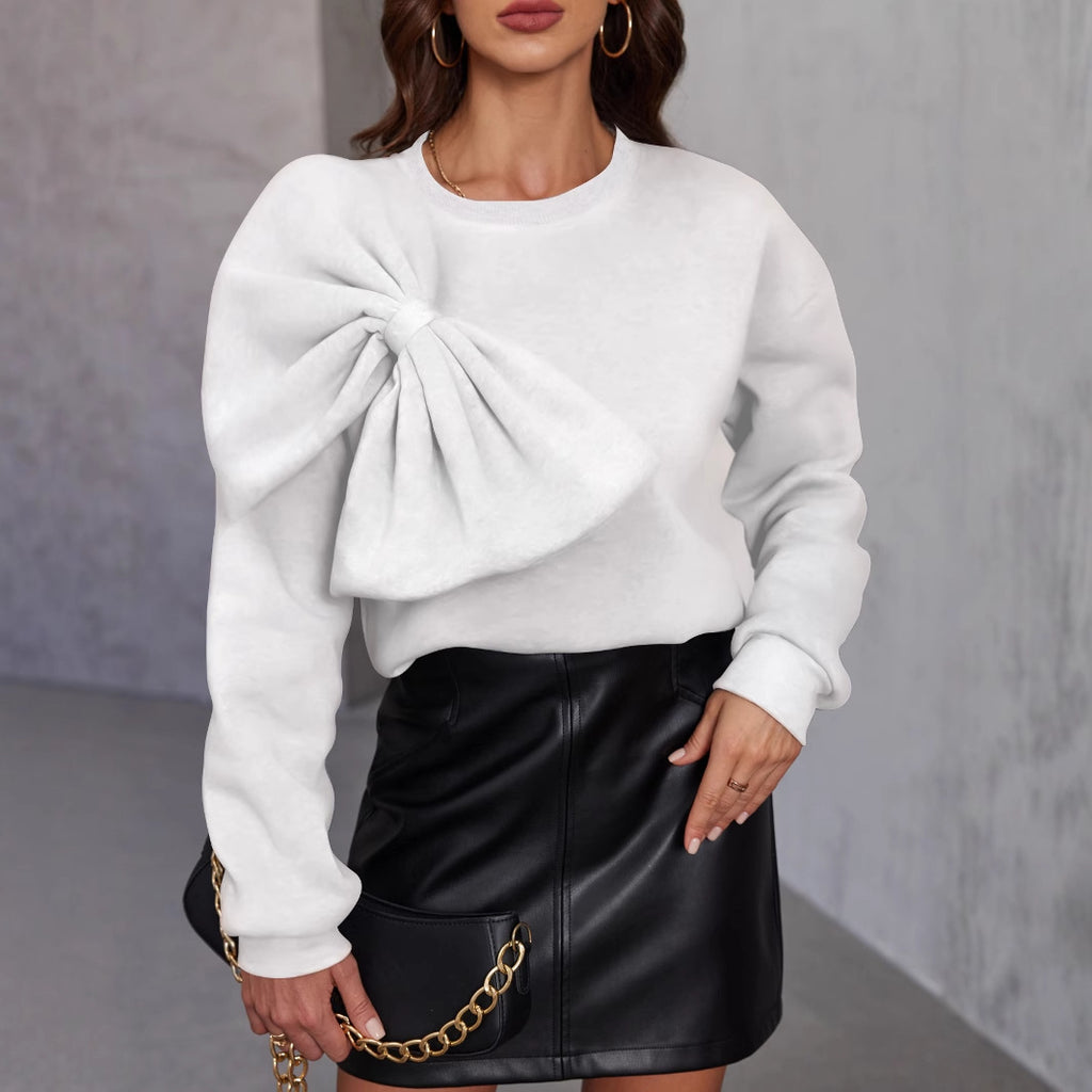 Elegant strikket damebluse med sløjfe - Blød langærmet pullover