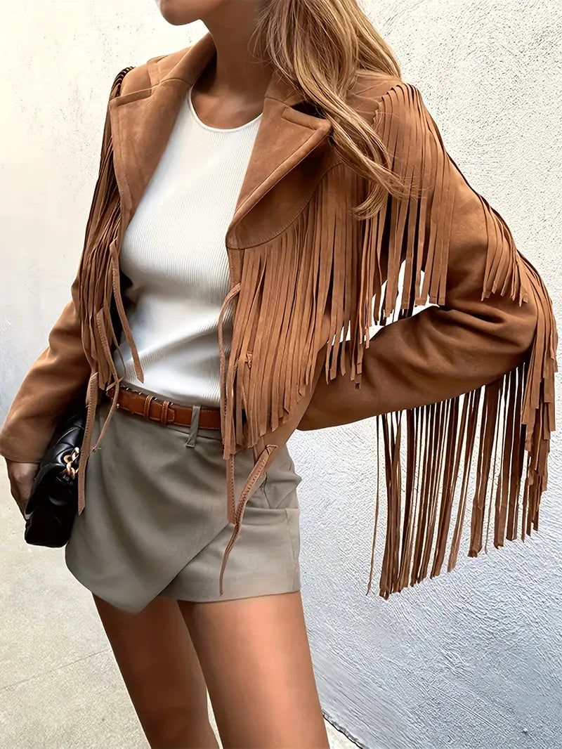 Giacca in pelle scamosciata da donna con colletto a revers e frange - Eleganza bohémien