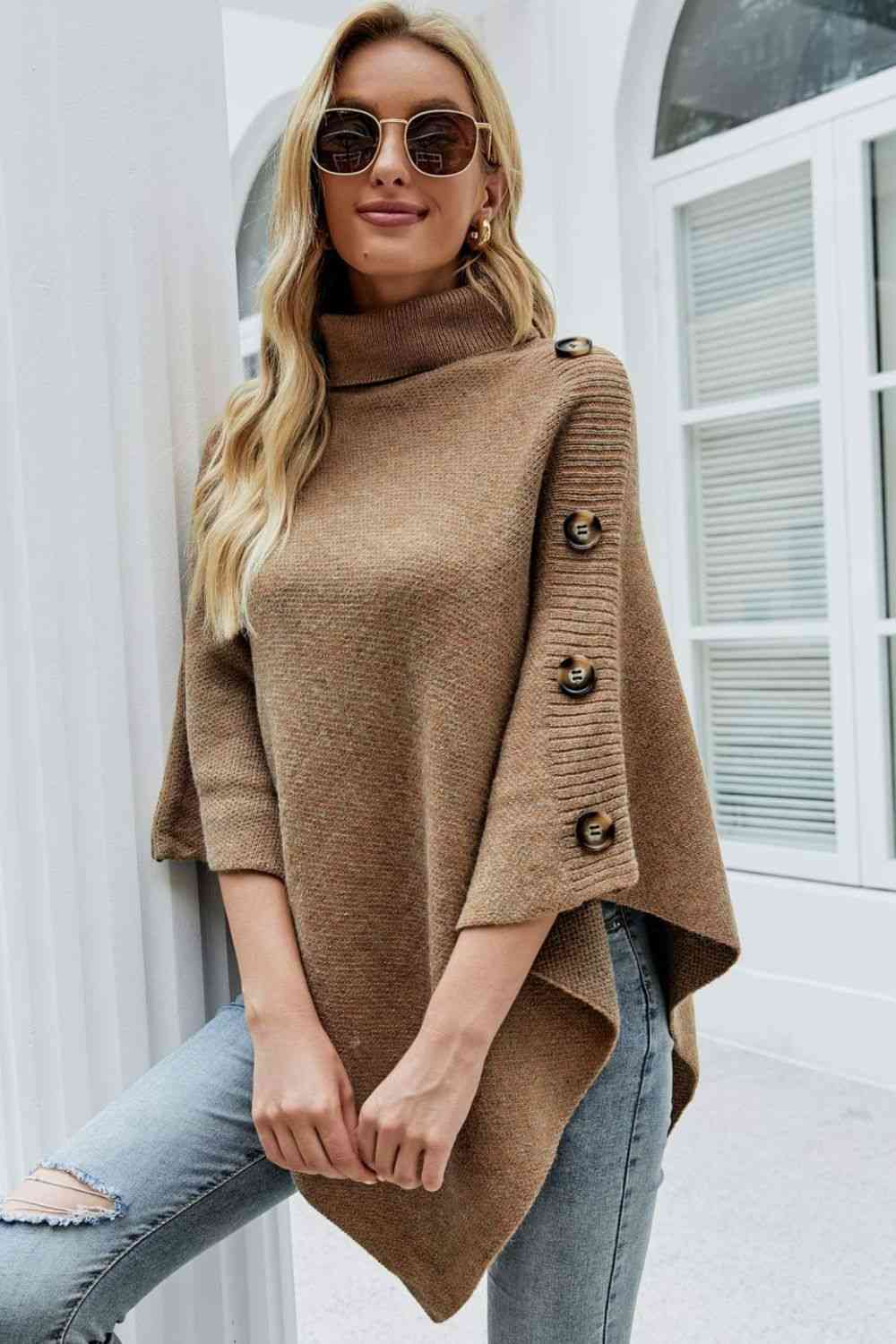 Maglione poncho da donna - elegante maglia con collo alto