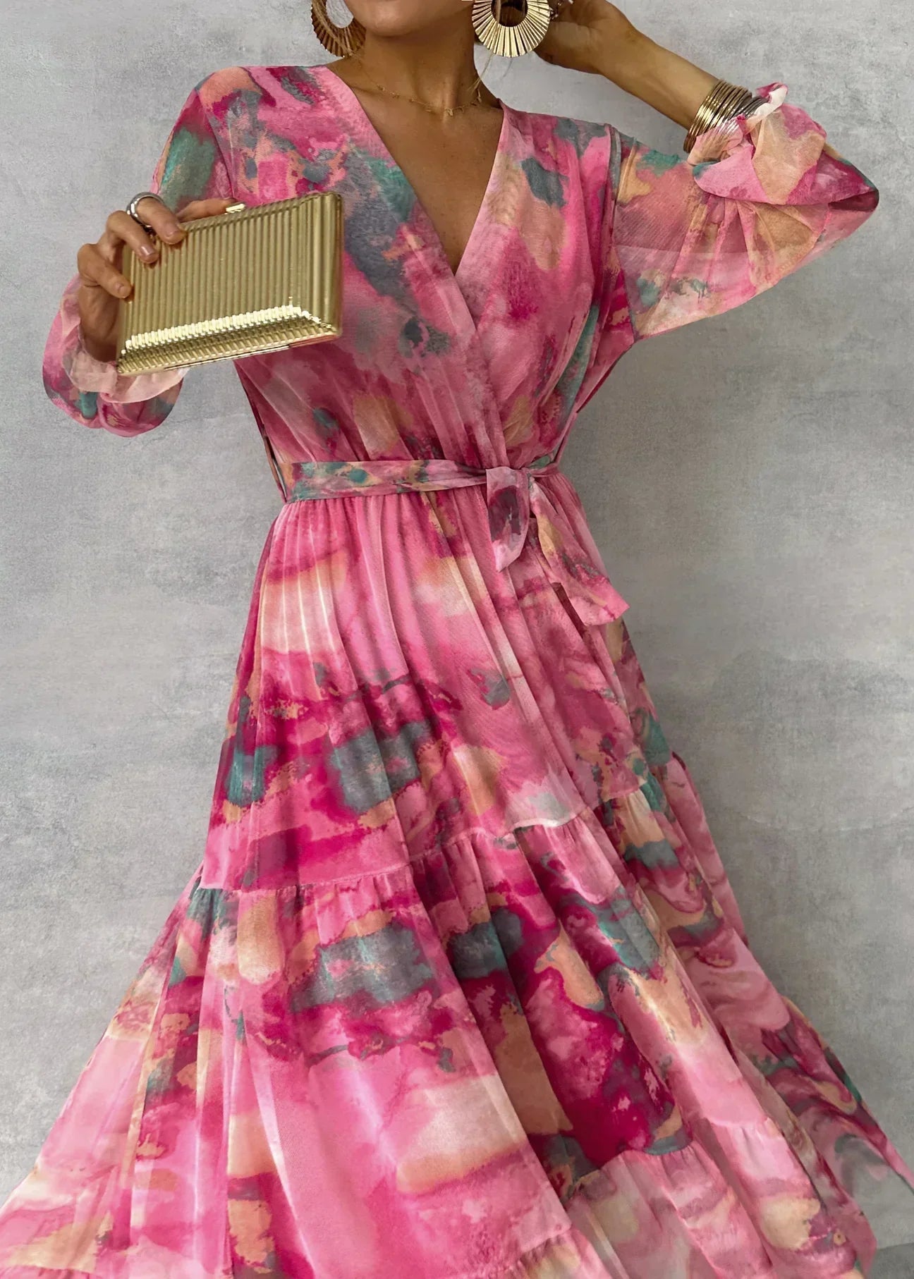 Abito bohémien rosa a maniche lunghe - Perfetto per l'estate o per una serata chic