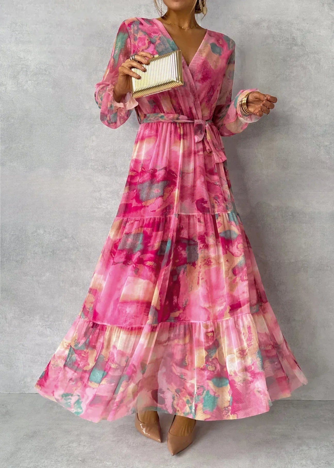 Abito bohémien rosa a maniche lunghe - Perfetto per l'estate o per una serata chic