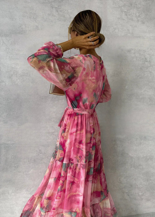 Abito bohémien rosa a maniche lunghe - Perfetto per l'estate o per una serata chic