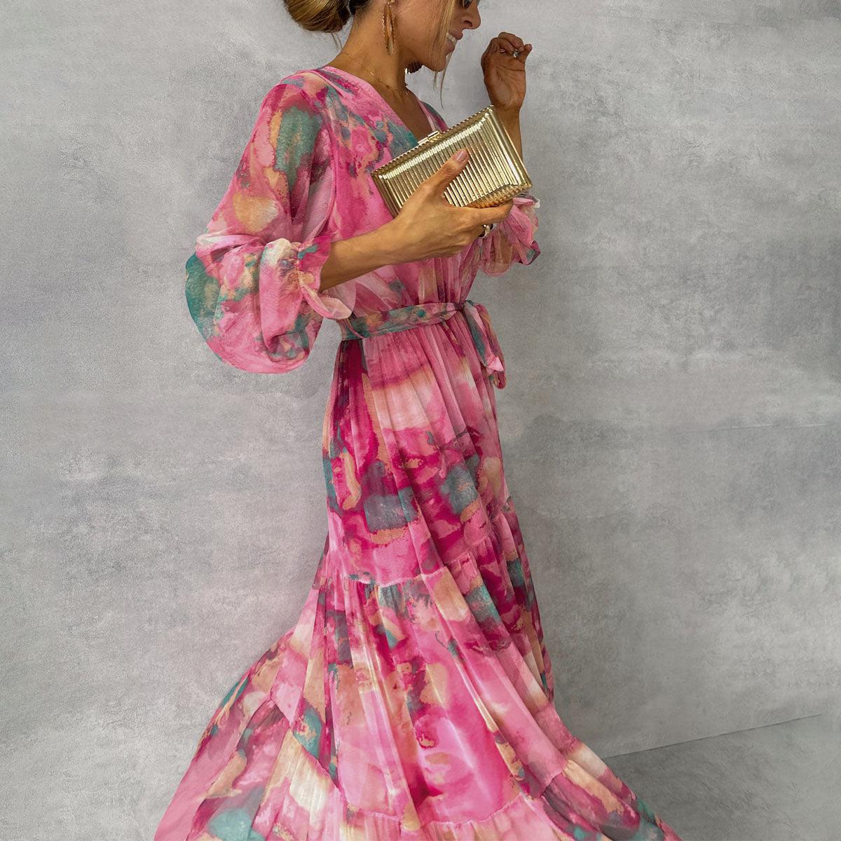 Abito bohémien rosa a maniche lunghe - Perfetto per l'estate o per una serata chic