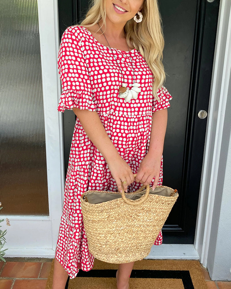 Abito midi da donna con scollo tondo e stampa a pois