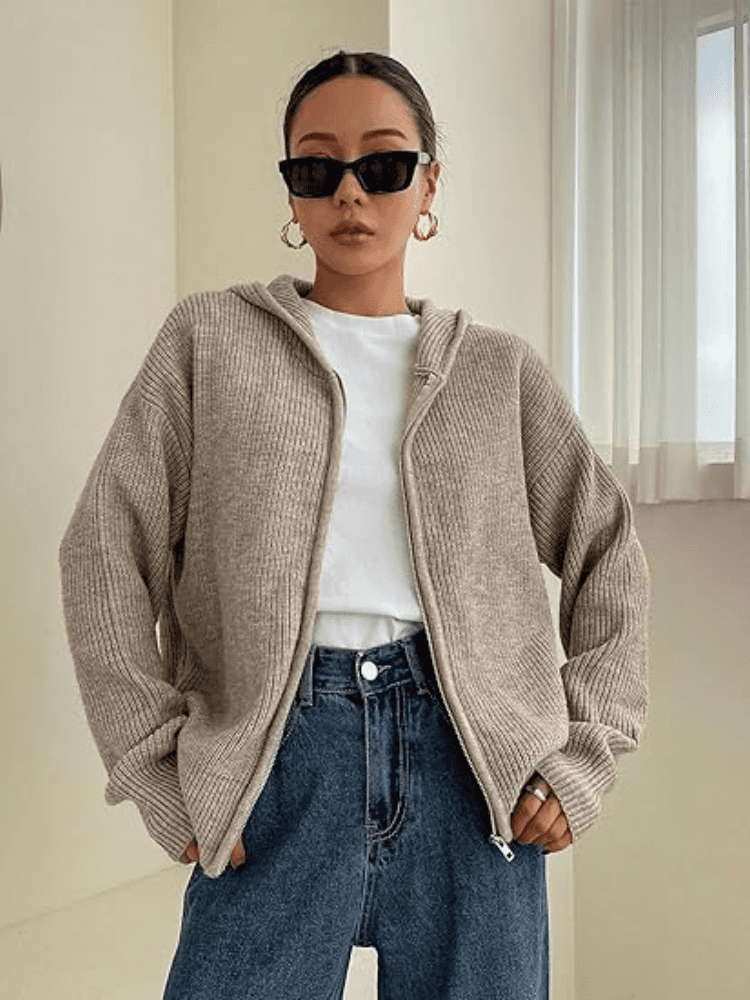 Felpa con cappuccio e cerniera in maglia da donna