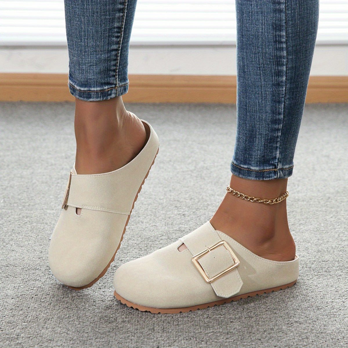 Mules slip-on da donna - Tomaia in tessuto confortevole con cinturino con fibbia in metallo, morbida soletta in PU e suola in PVC resistente - Scarpe casual per tutte le stagioni, facili da pulire, eleganti | Comfort garantito
