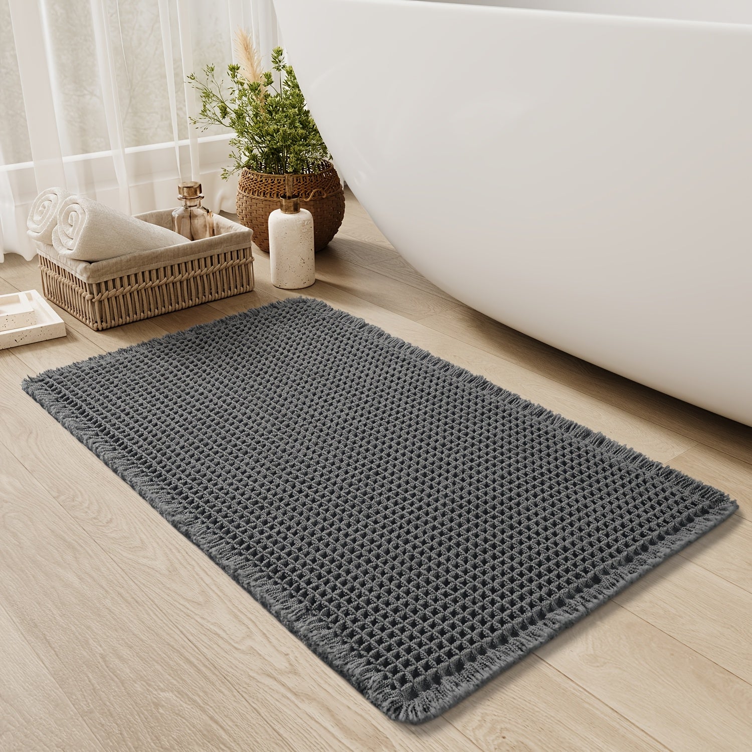 Tappetino da bagno a nido d'ape ultra assorbente - Tappetino antiscivolo con frange, asciugatura rapida e morbido per doccia, vasca da bagno e arredamento per il bagno