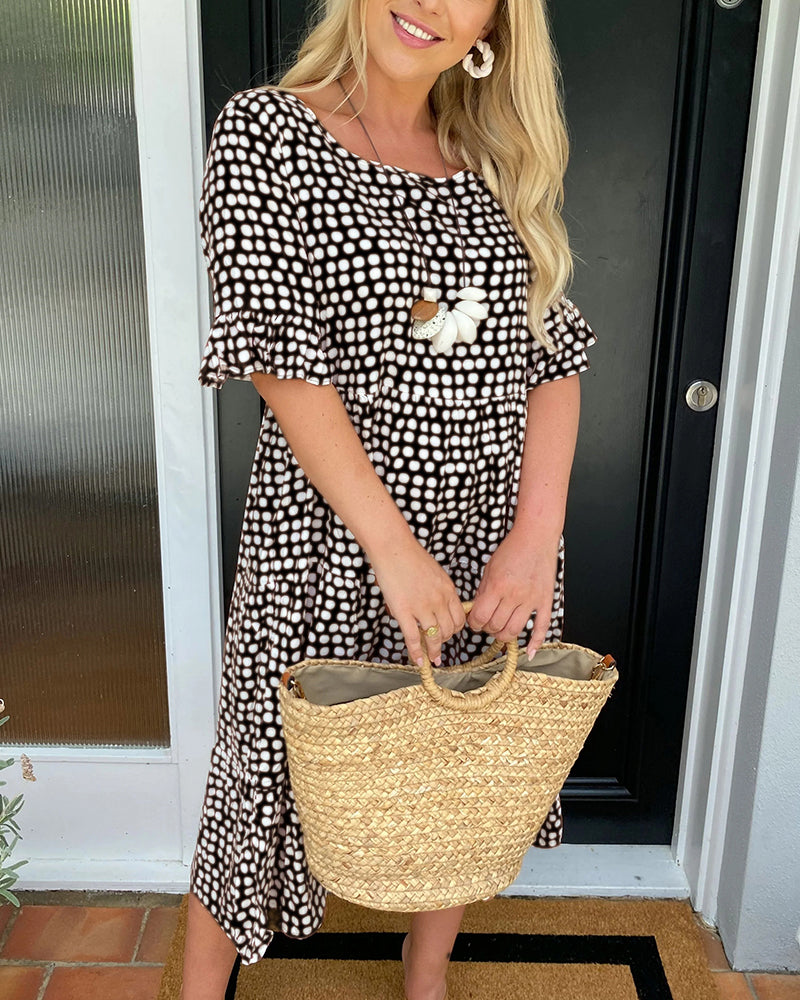 Abito midi da donna con scollo tondo e stampa a pois