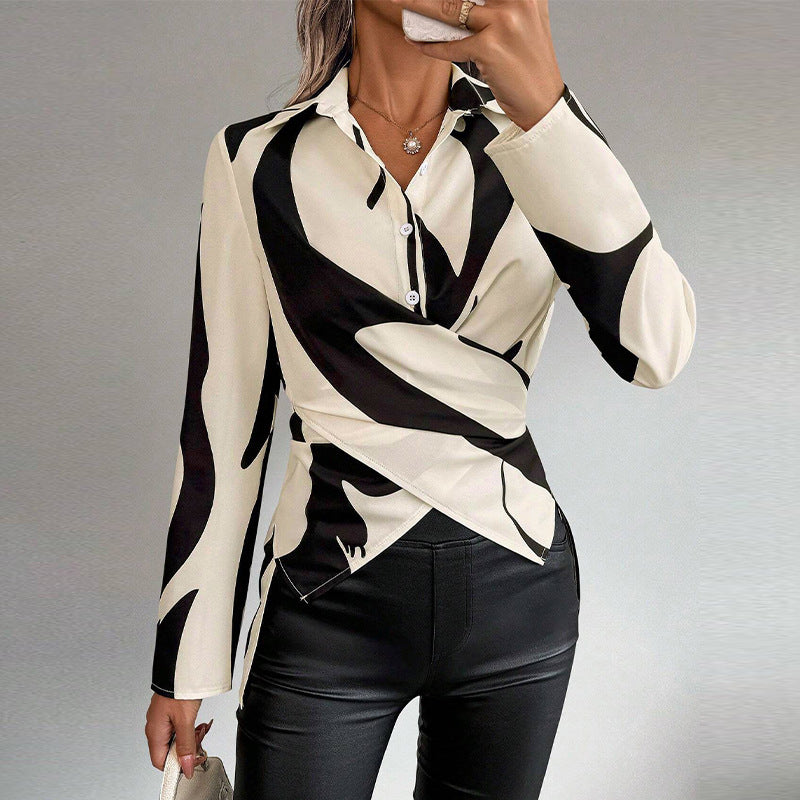 Elegante camicia da donna con scollo a V a contrasto bianco e nero - Blusa a maniche lunghe