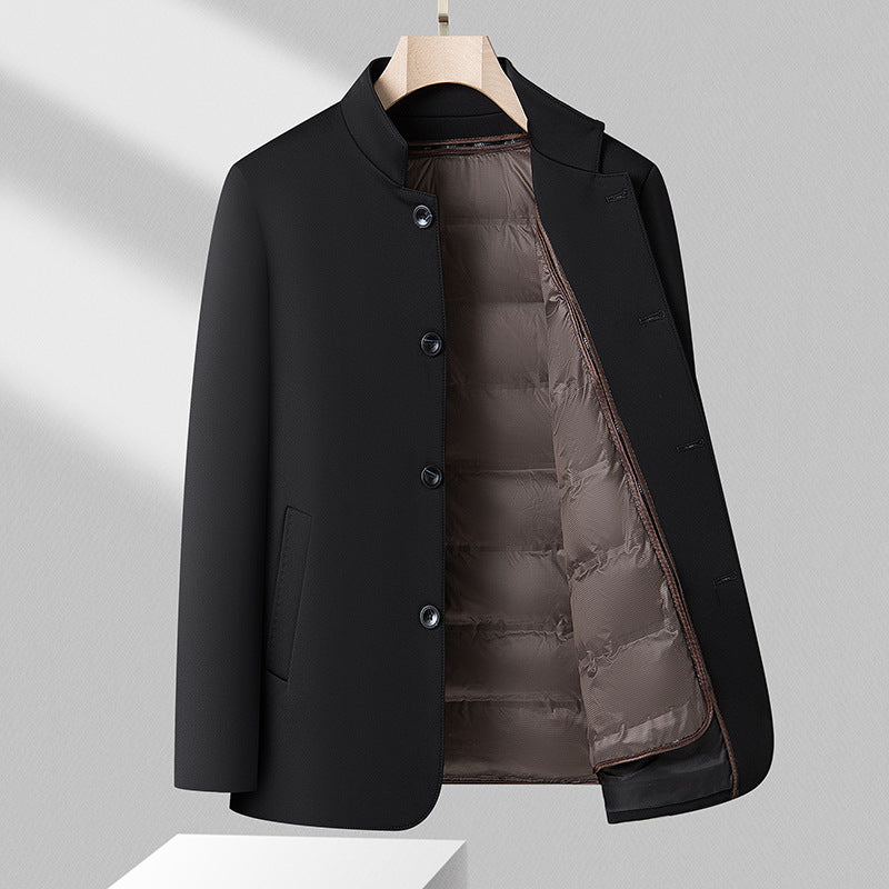 Herrejakke i uldblanding i mellemlang længde – Sort kvalitetsfrakke med aftagelig dunforing