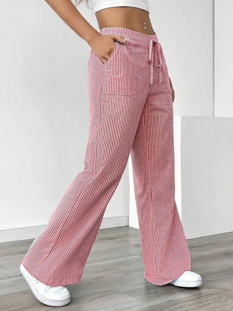 Pantaloni a gamba larga a righe casual da donna, eleganti e larghi - Pantaloni estivi leggeri e traspiranti con tasche