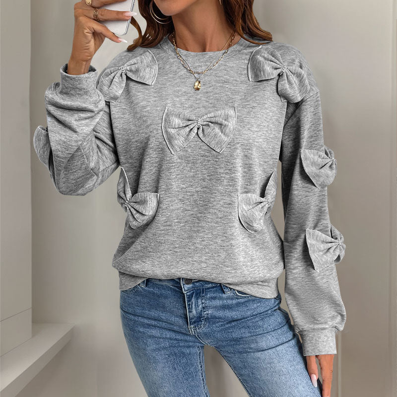 Maglione morbido da donna con nodo cucito – Felpa girocollo casual grigia