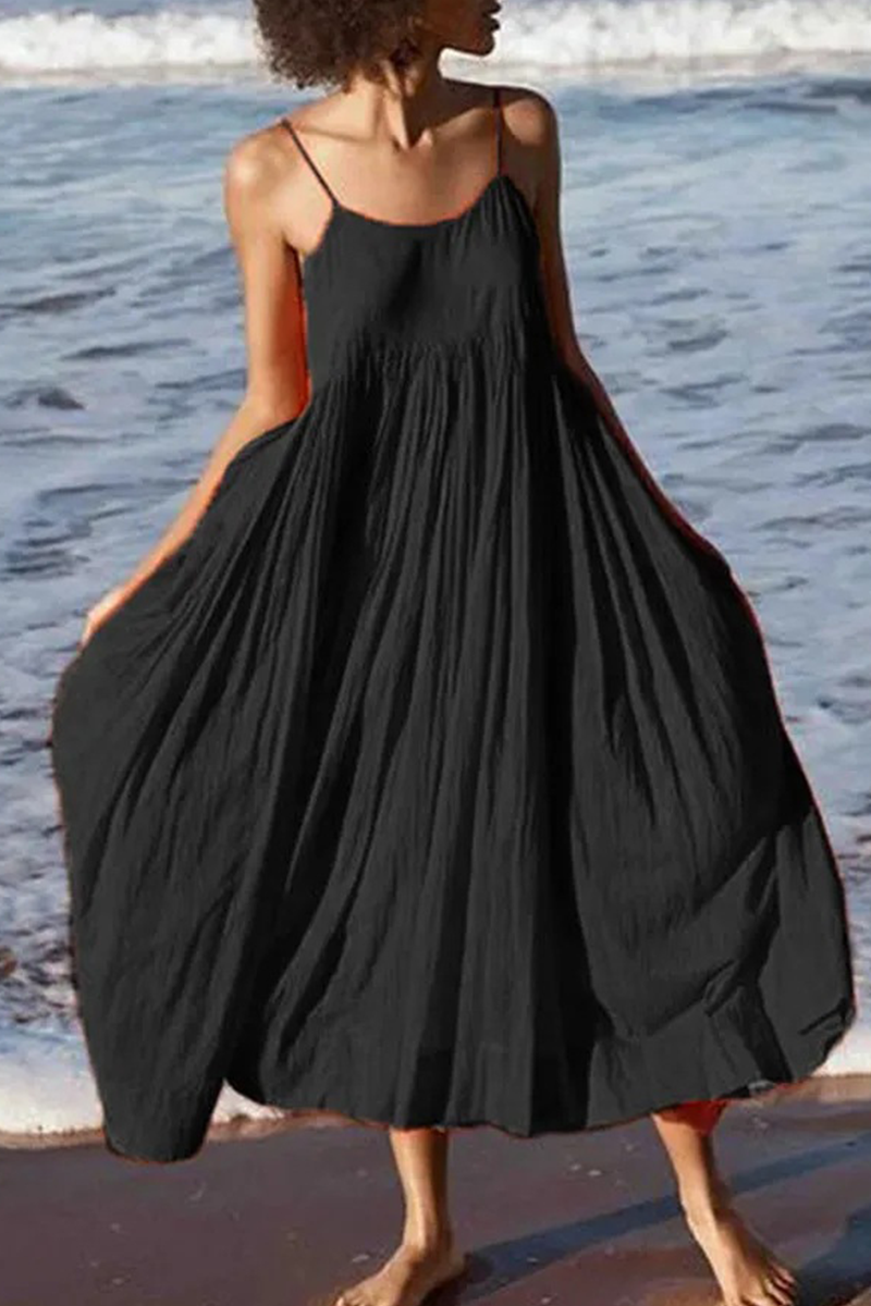 Abito estivo da spiaggia midi da donna con spalline sottili - Abito estivo leggero, casual, senza maniche e svasato per le vacanze
