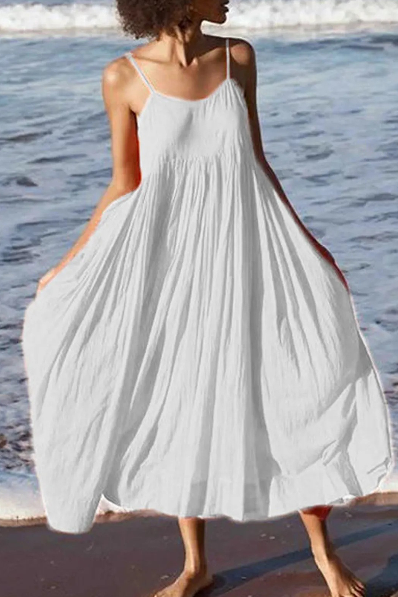 Abito estivo da spiaggia midi da donna con spalline sottili - Abito estivo leggero, casual, senza maniche e svasato per le vacanze