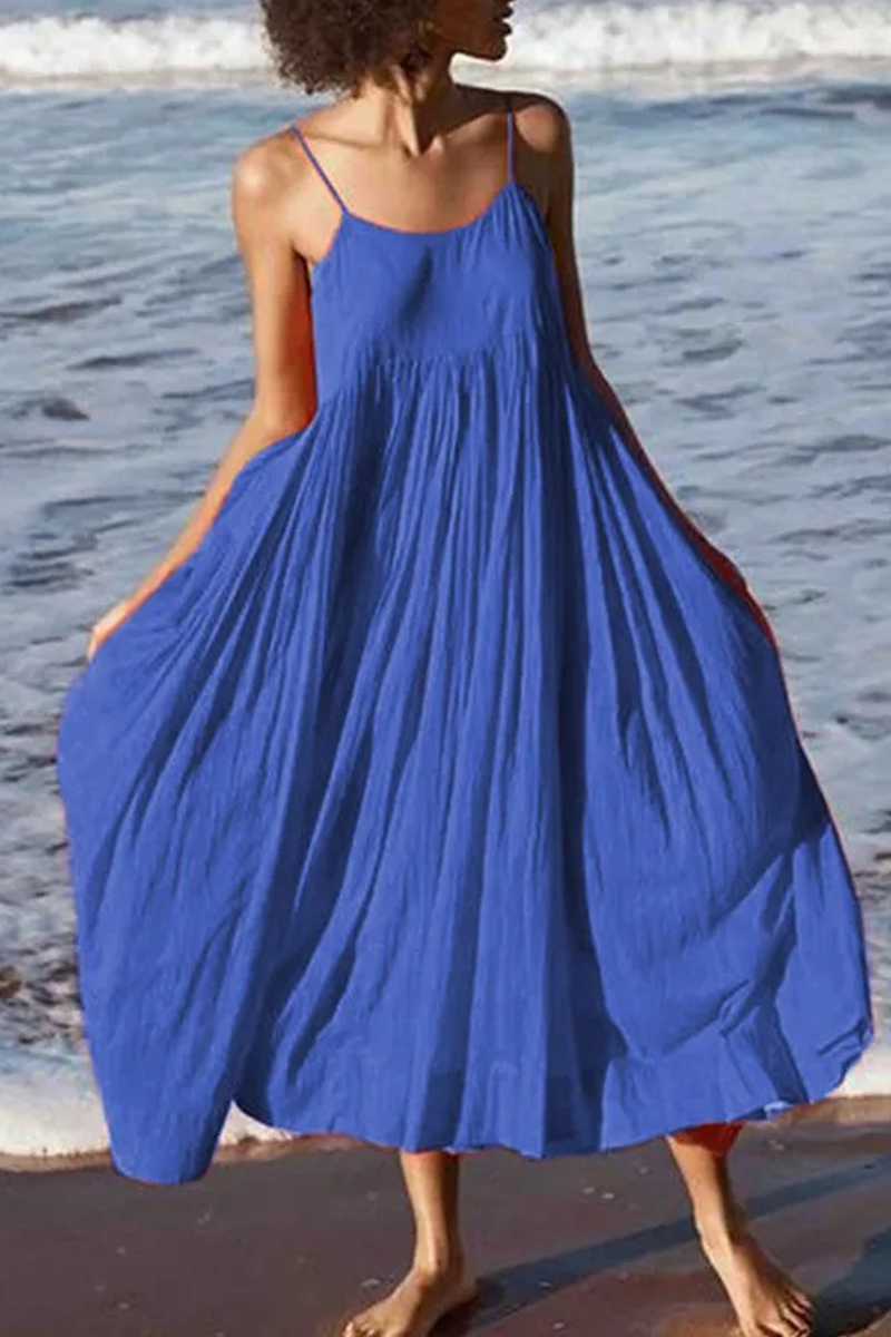 Abito estivo da spiaggia midi da donna con spalline sottili - Abito estivo leggero, casual, senza maniche e svasato per le vacanze