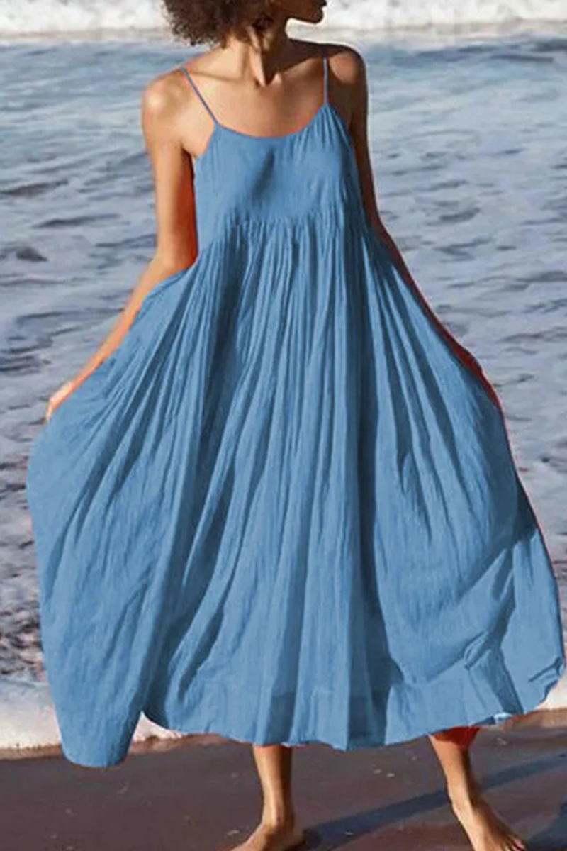 Abito estivo da spiaggia midi da donna con spalline sottili - Abito estivo leggero, casual, senza maniche e svasato per le vacanze