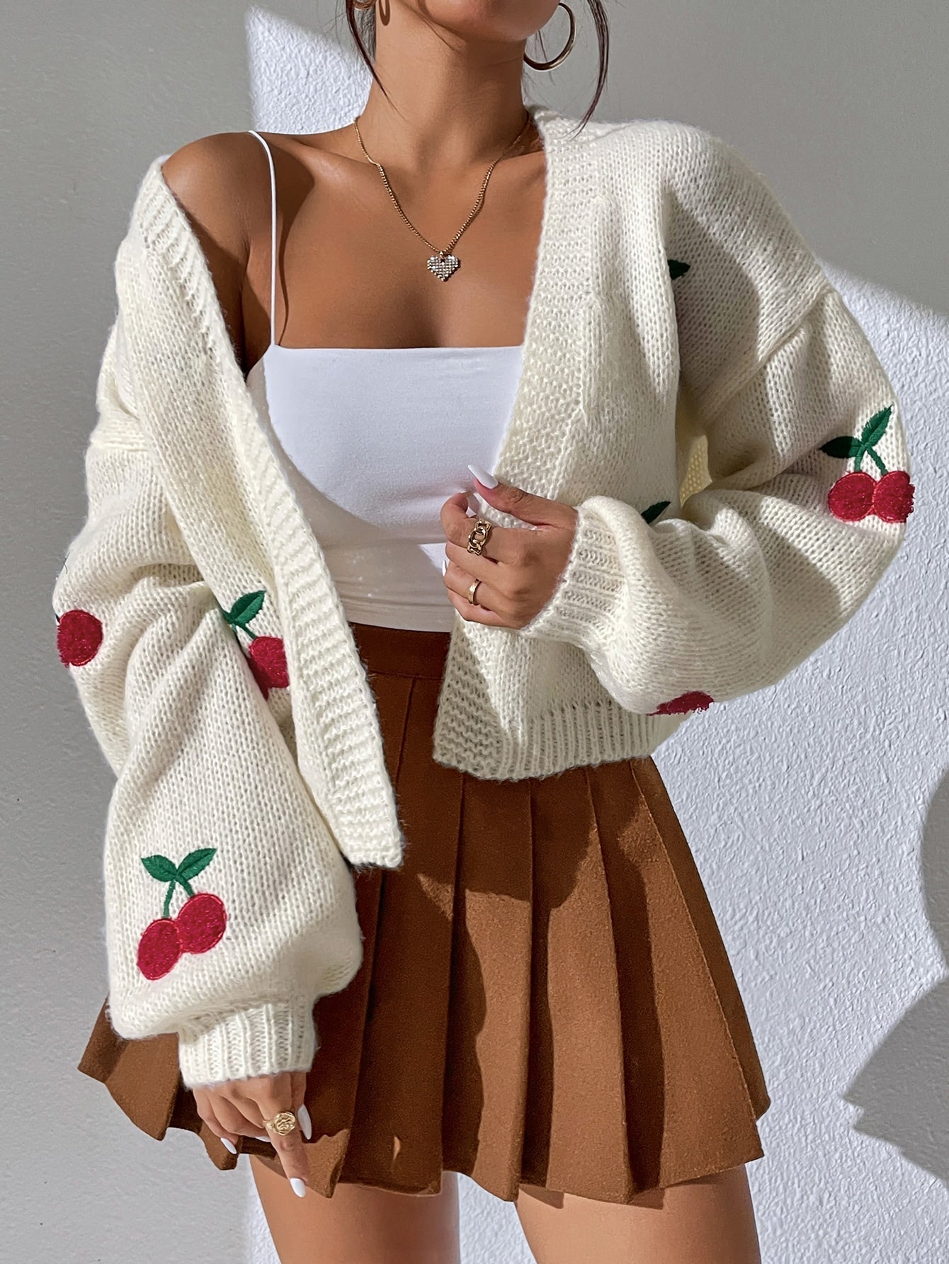 Cardigan lavorato a maglia con ricamo di ciliegie da donna - Casual a maniche lunghe