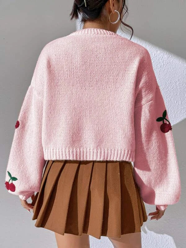 Cardigan lavorato a maglia con ricamo di ciliegie da donna - Casual a maniche lunghe