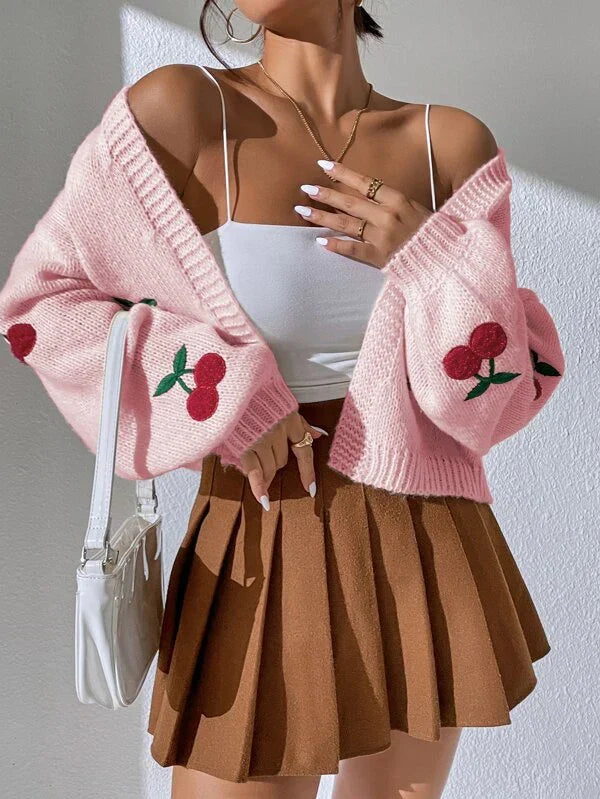 Cardigan lavorato a maglia con ricamo di ciliegie da donna - Casual a maniche lunghe