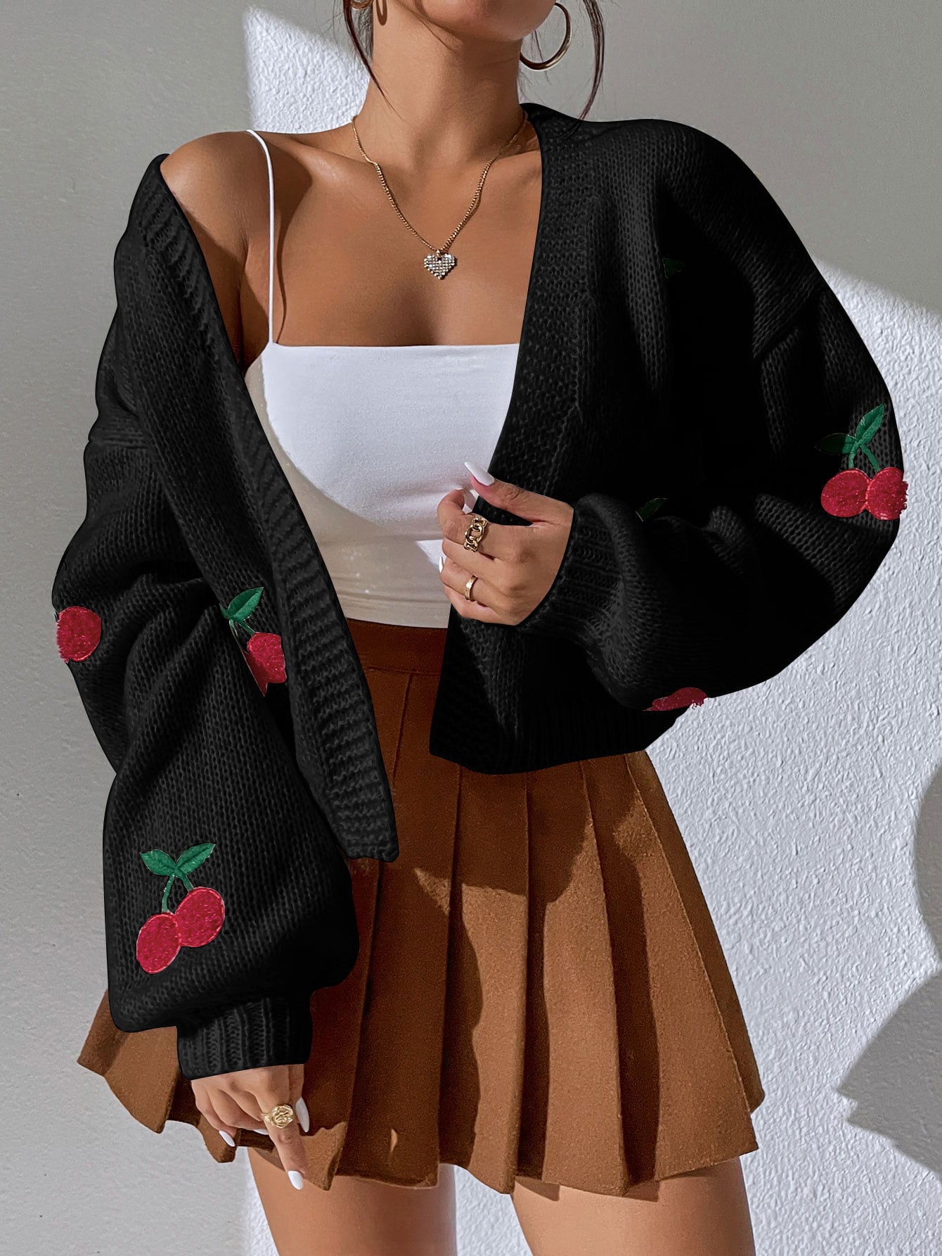 Cardigan lavorato a maglia con ricamo di ciliegie da donna - Casual a maniche lunghe