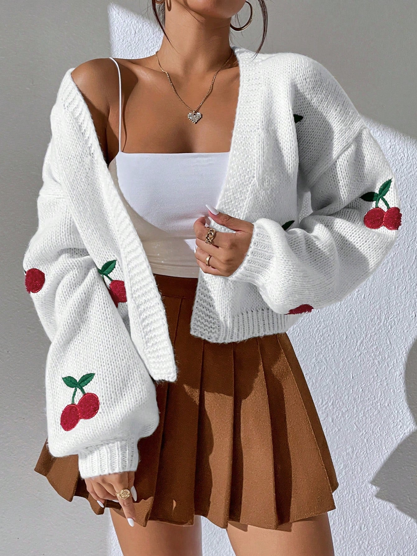 Cardigan lavorato a maglia con ricamo di ciliegie da donna - Casual a maniche lunghe
