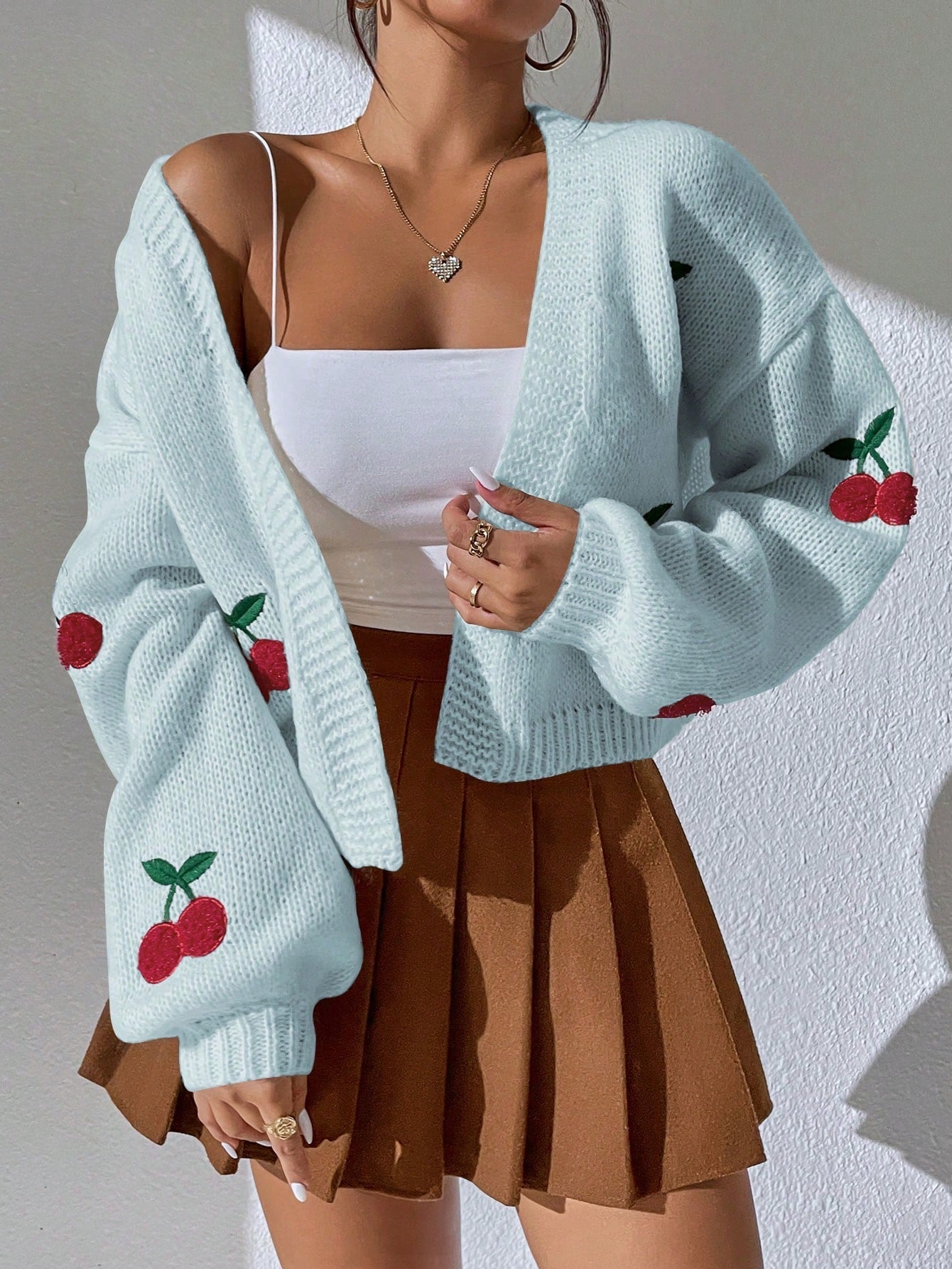 Cardigan lavorato a maglia con ricamo di ciliegie da donna - Casual a maniche lunghe