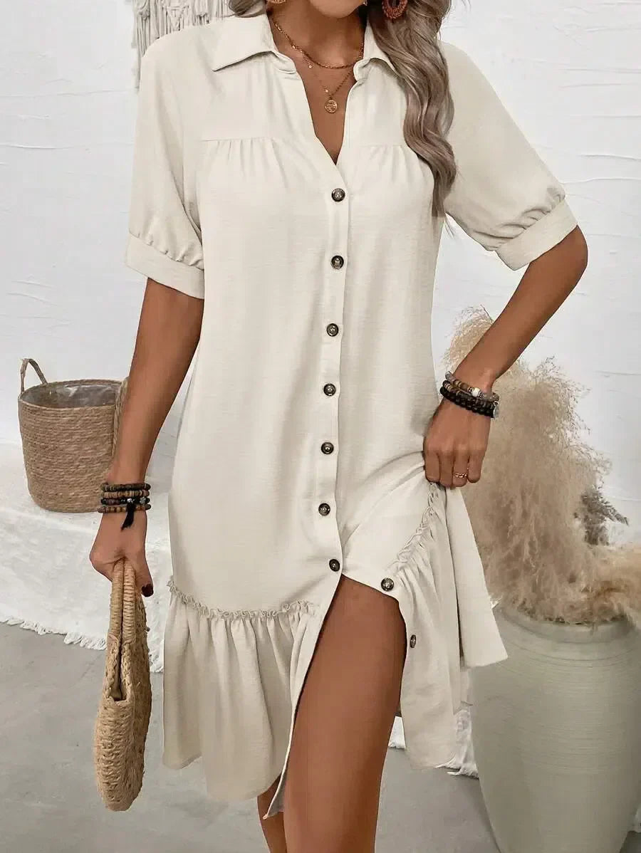 Camicia vestito da donna – modello con bottoni e balza, stile estivo casual