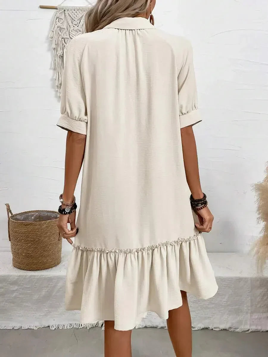 Camicia vestito da donna – modello con bottoni e balza, stile estivo casual