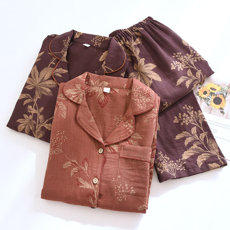Pigiama vintage in cotone jacquard tinto in filo con colletto a revers