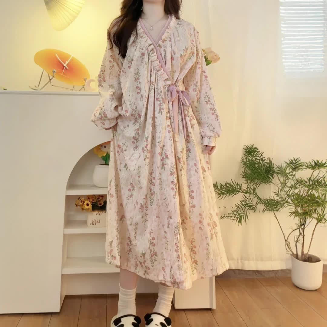 Camicia da notte lunga da donna, comoda ed elegante, con scollo a V e motivo floreale - Leggera, manica lunga, vestibilità comoda, adatta a tutte le stagioni