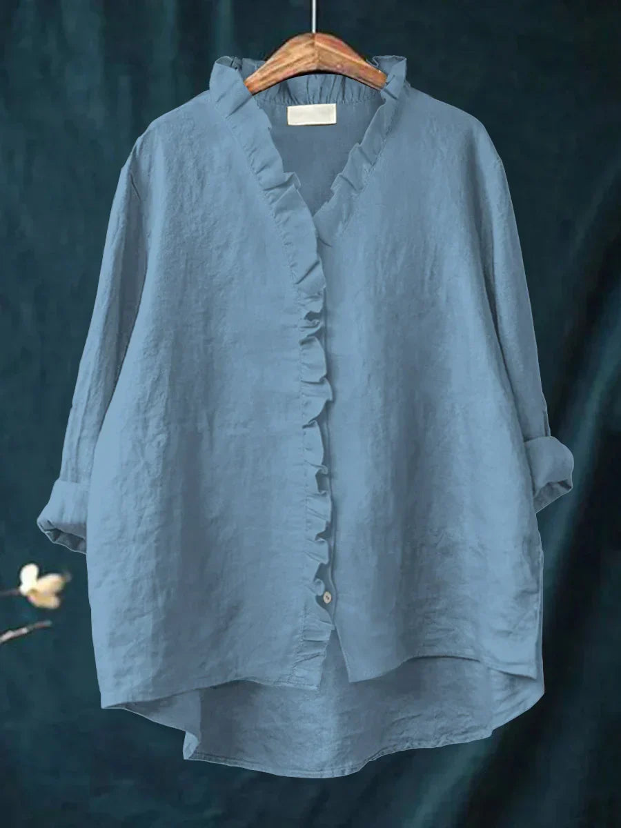 Camicia da donna in lino e cotone con volant e bottoni – Top estivo leggero