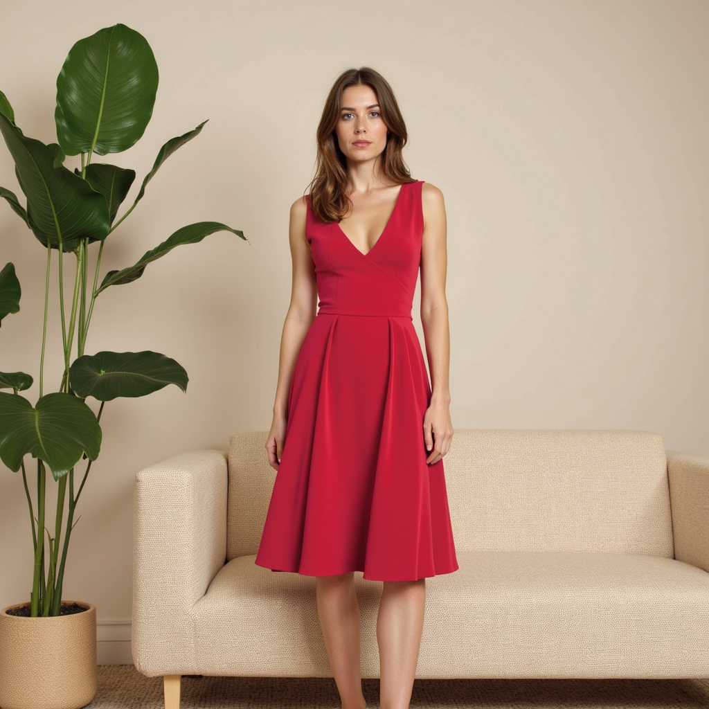 Abito midi plissettato rosso da donna, dal design fluido e aggraziato