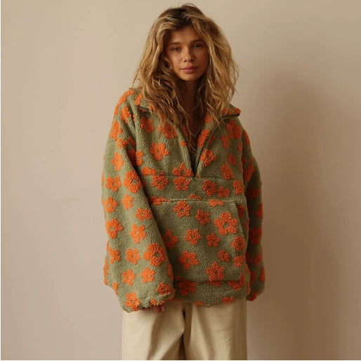 Felpa in pile da donna – Pullover casual con cerniera e tasca