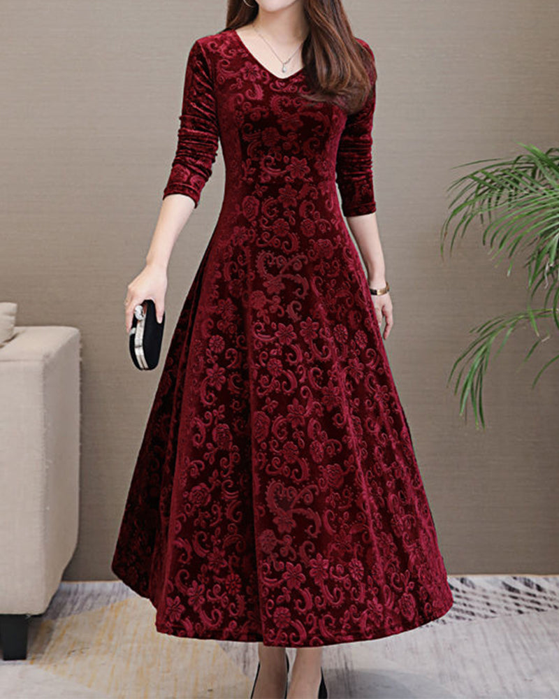 Abito Lungo Donna A-Line Scollo a V – Motivo Floreale Vita Alta Elegante da Cerimonia o Matrimonio