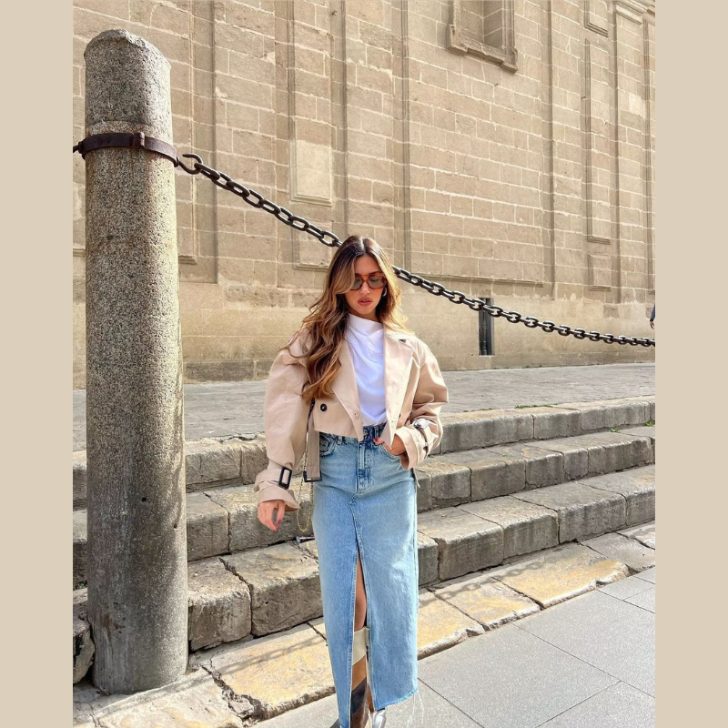 Trench corto da donna - stile doppiopetto corto con cintura