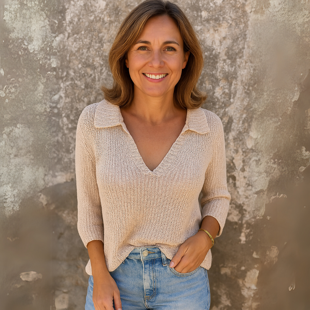 Maglione elegante all'uncinetto con scollo a V da donna - Maglieria casual ed elegante
