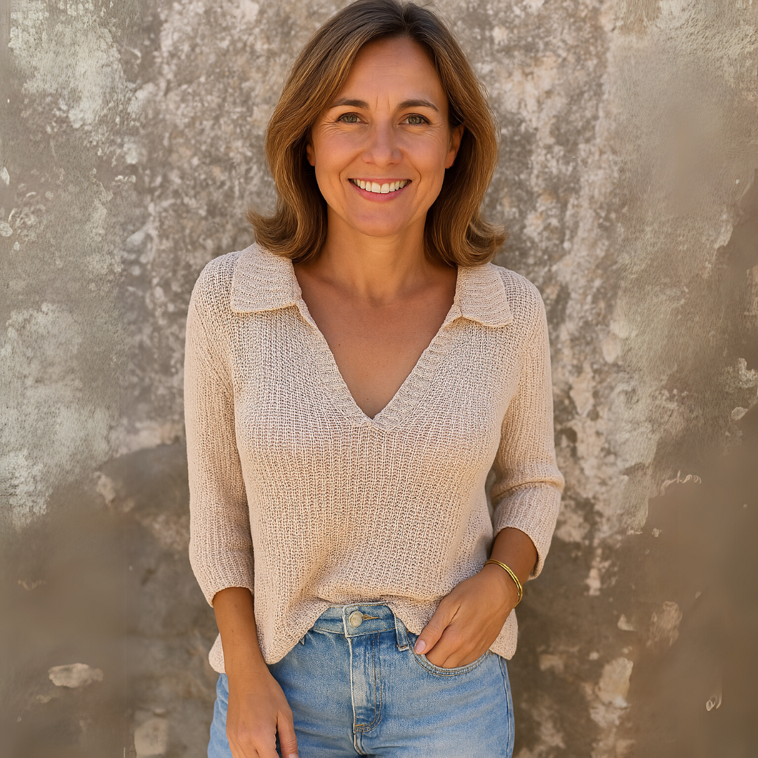 Maglione elegante all'uncinetto con scollo a V da donna - Maglieria casual ed elegante
