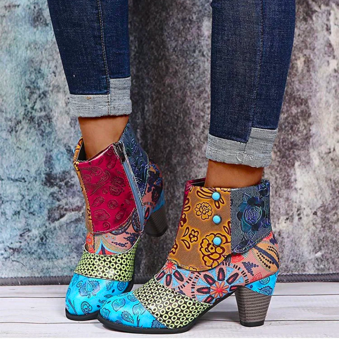 Stivali da donna con motivo floreale boho - Comodi tacchi spessi con cerniera