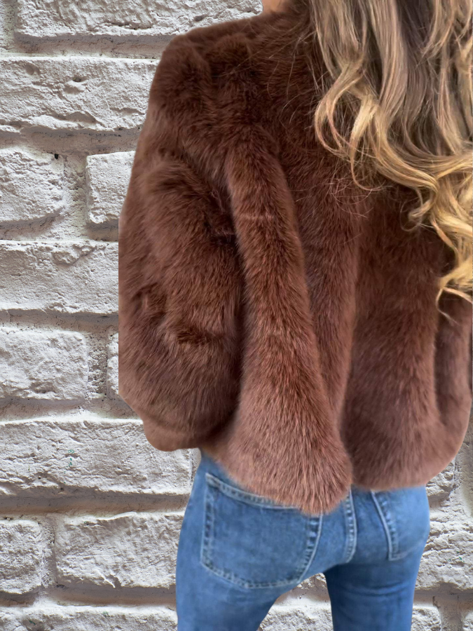 Giacca corta da donna con zip, maniche lunghe e pelliccia sintetica