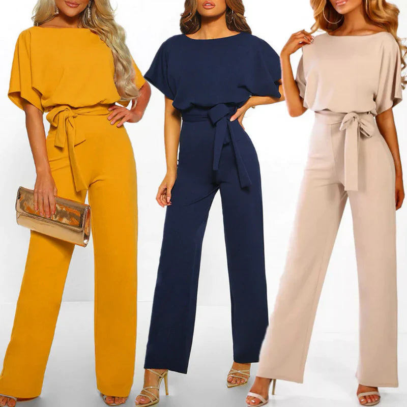 Tuta elegante da donna con cintura, manica corta, gamba larga - Completo intero leggero, elegante e lusinghiero